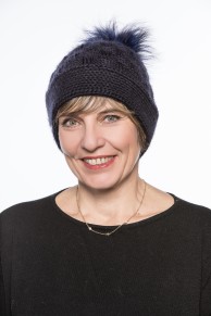 Navy Blue Woolen Cap with Fox Fur Pompom